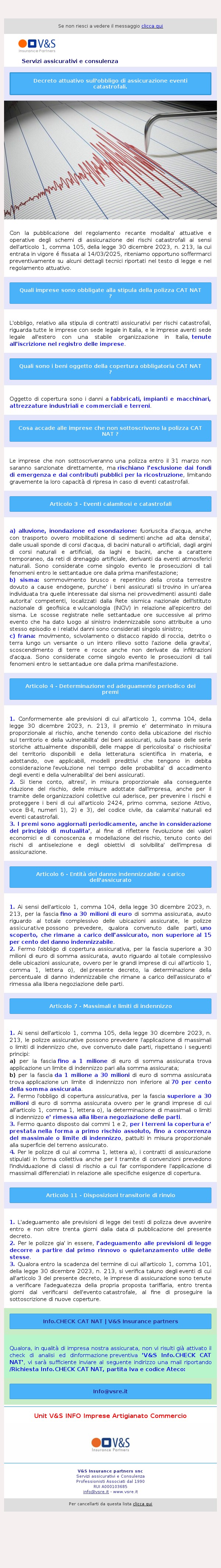 Decreto attuativo sull'obbligo di assicurazione CAT NAT contro gli eventi catastrofali.