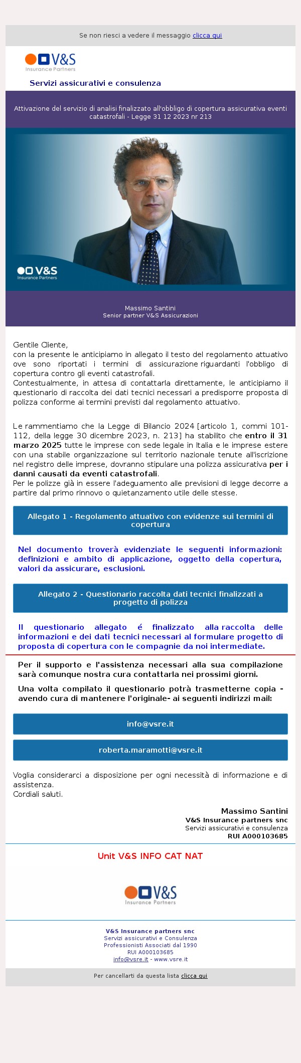 Attivazione del servizio di analisi finalizzato all'obbligo di copertura assicurativa eventi catastrofali - Legge 31 12 2023 nr 213